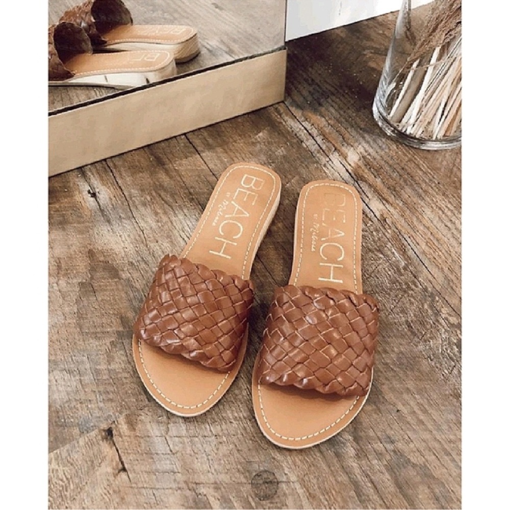 Beach by Matisse Woven Cognac Leather Slide Sandals